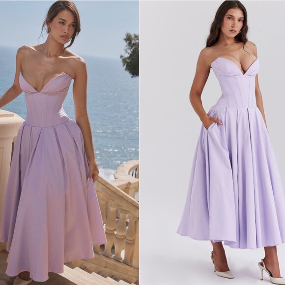 HOUSE OF CB 'Lady' Orchid Twill Strapless Tulle Midi Dress NWOT